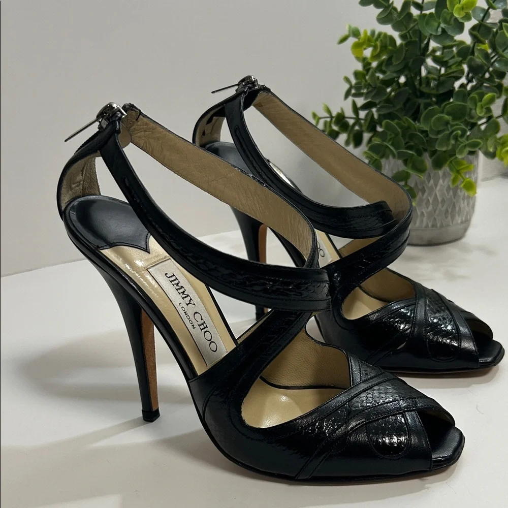 Jimmy Choo Black Patent Leather Strappy Peep-Toe Heels